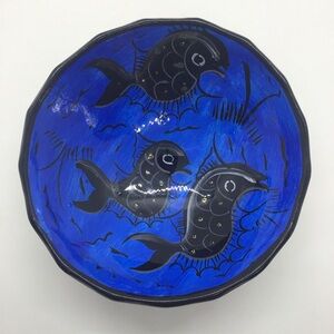 Mexican Hand Painted Glazed Pottery Terra Cotta Bowl Koi Fish W Feet Blue Black